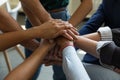 Business team stack of hands. Employees joining hands together Royalty Free Stock Photo