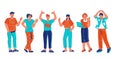 Business team or students group stands with greeting gestures, cartoon vector isolated