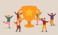 Business Team Success, Achievement Concept. Flat People Characters with Prize, Golden Cup. Office Workers Celebrating Royalty Free Stock Photo