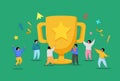 Business Team Success, Achievement Concept. Flat People Characters with Prize, Golden Cup. Office Workers Celebrating Royalty Free Stock Photo