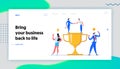 Business Team Success Concept with Characters and Cup Landing Page. Teamwork Achievement, Victory Celebration Royalty Free Stock Photo