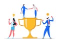 Business Team Success Concept with Characters and Golden Prize. Teamwork Achievement, Victory Celebration Royalty Free Stock Photo