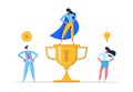 Business Team Success Concept with Characters and Golden Prize. Teamwork Achievement, Victory Celebration Royalty Free Stock Photo