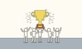 Business team success vector reward illustration win. Employee award flat people victory design. Happy prize trophy leader person