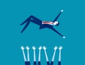 Business team throwing man into the air. Concept business vector illustration