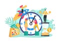 Business team time management with big clock concept, vector illustration. Man woman strategy for money, flat finance Royalty Free Stock Photo