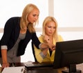 Business team - two women work in the office checking database