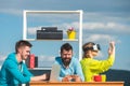 Business team using virtual reality headset and digital gadgets outdoors office meeting. Developers meeting with virtual Royalty Free Stock Photo