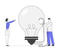 Business Team Work on Project Searching for Creative Idea. Woman Pointing Huge Light Bulb, Man Switch on Plug