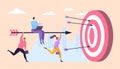 Business teamwork boss control running character staff hold arrow cartoon vector illustration. Goal achievement finance