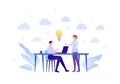 Business teamwork brainstorm concept. Vector flat person illustration. Male and female employee around table with laptop and light