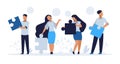 Business teamwork concept. Cartoon people with puzzle elements, teamwork collaboration and people connection vector