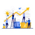 Business teamwork concept with tiny character. People team work increasing profits together with upward pointed arrow flat vector