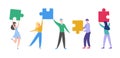 Business Teamwork Concept. Tiny Characters Connecting Puzzle Pieces. Creative Solutions, Collaboration and Partnership Royalty Free Stock Photo