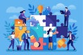 Business teamwork concept vector illustration depicting diverse professionals collaborating on a puzzle in a creative workspace Royalty Free Stock Photo