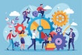 Business teamwork concept vector illustration showcasing diverse professionals collaborating in a creative environment with gears Royalty Free Stock Photo