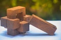 Business Teamwork Concept : Wooden Brain Teaser or Wooden Puzzles on white floor and green bush with sunlight background.