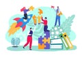 Business teamwork for idea, team people make puzzle concept, vector illustration. Businessman woman put together jigsaw