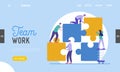 Business Teamwork Landing Page Template. Tiny Characters Connecting Puzzle Pieces. Creative Solutions, Collaboration Royalty Free Stock Photo