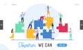 Business Teamwork Landing Page Template. Tiny Characters Connecting Puzzle Pieces. Creative Solutions, Collaboration Royalty Free Stock Photo