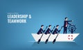 Business teamwork leadership concept. Businessmen working in team, Group of people rowing boat together to achieve same goal and