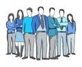 Business teamwork people sketch. Company business group office clerks. Staff and manager. Hand drawn. Hatched drawing