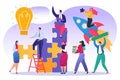 Business teamwork with puzzle concept, vector illustration. Man woman character team work in partnership, make idea Royalty Free Stock Photo