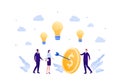 Business teamwork success concept. Vector flat person illustration. Group of businessman and woman in suit hit coin target with Royalty Free Stock Photo