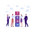 Business teamwork success concept. Vector flat person illustration. Group of male and female employee in suit building tower of