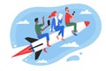 Business teamwork success concept vector illustration, cartoon flat superhero people team flying on fast rocket, working