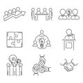 Business teamwork teambuilding thin line icons work command management outline human resources concept vector