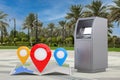 Business Technology Concept. ATM Deposit Machine  and Folded Abstract Navigation Map with Three Target Map Pointer Pins on an Royalty Free Stock Photo
