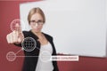 Business, technology and internet concept - businesswoman pressing online consulting button on virtual screens Royalty Free Stock Photo