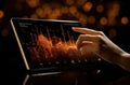 business, technology and internet concept - close up of woman hands working with tablet pc computer over glowing city lights