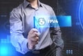 Business, Technology, Internet and network concept. Young businessman showing a word in a virtual tablet of the future: IPv4