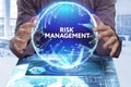 Business, Technology, Internet and network concept. Young businessman shows the word on the virtual display of the future: Risk m Royalty Free Stock Photo