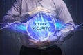 Business, Technology, Internet and network concept. Young businessman shows the word: Cyber security Royalty Free Stock Photo