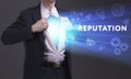 Business, Technology, Internet and network concept. Young businessman shows the word: Reputation