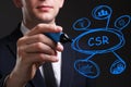 Business, Technology, Internet and network concept. Young business man writing word: CSR Royalty Free Stock Photo