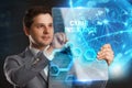 Business, Technology, Internet and network concept. Young businessman showing a word in a virtual tablet of the future: Cyber insu Royalty Free Stock Photo