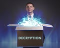 Business, Technology, Internet and network concept. Young businessman shows the word: Decryption