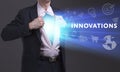 Business, Technology, Internet and network concept. Young businessman shows the word: Innovations