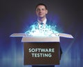 Business, Technology, Internet and network concept. Young businessman shows the word: Software testing Royalty Free Stock Photo