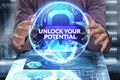 Business, Technology, Internet and network concept. Young businessman shows the word on the virtual display of the future: Unlock Royalty Free Stock Photo