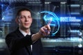 Business, Technology, Internet and network concept. Young businessman working on a virtual blackboard of the future, he sees