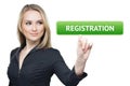 Business, technology, internet and networking concept - woman pressing registration button on virtual screens Royalty Free Stock Photo