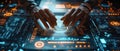Business technology, A pair of hands using a digital tablet, surrounded by interactive holographic graphs that depict growth