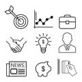 Business thin line icons set,target,graph,briefcase,handshake,idea,businessman,newspaper,piggy bank,credit card,vector Royalty Free Stock Photo