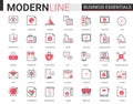 Business thin red black flat line icon vector illustration set with office objects, equipment and documents for