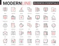 Business thin red black line icon vector illustration set with office objects, equipment and documents for financial